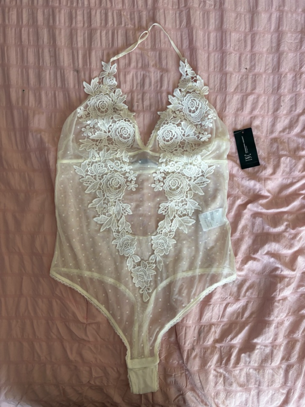 INC International Concepts Ivory Lace Appliqué Sheer Bodysuit